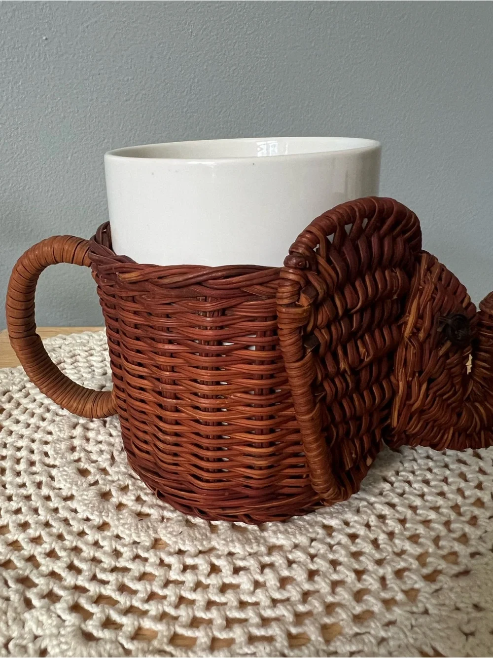 Vintage Handwoven Trunk Up Elephant Basket Planter Rich Brown Retro Wicker Boho